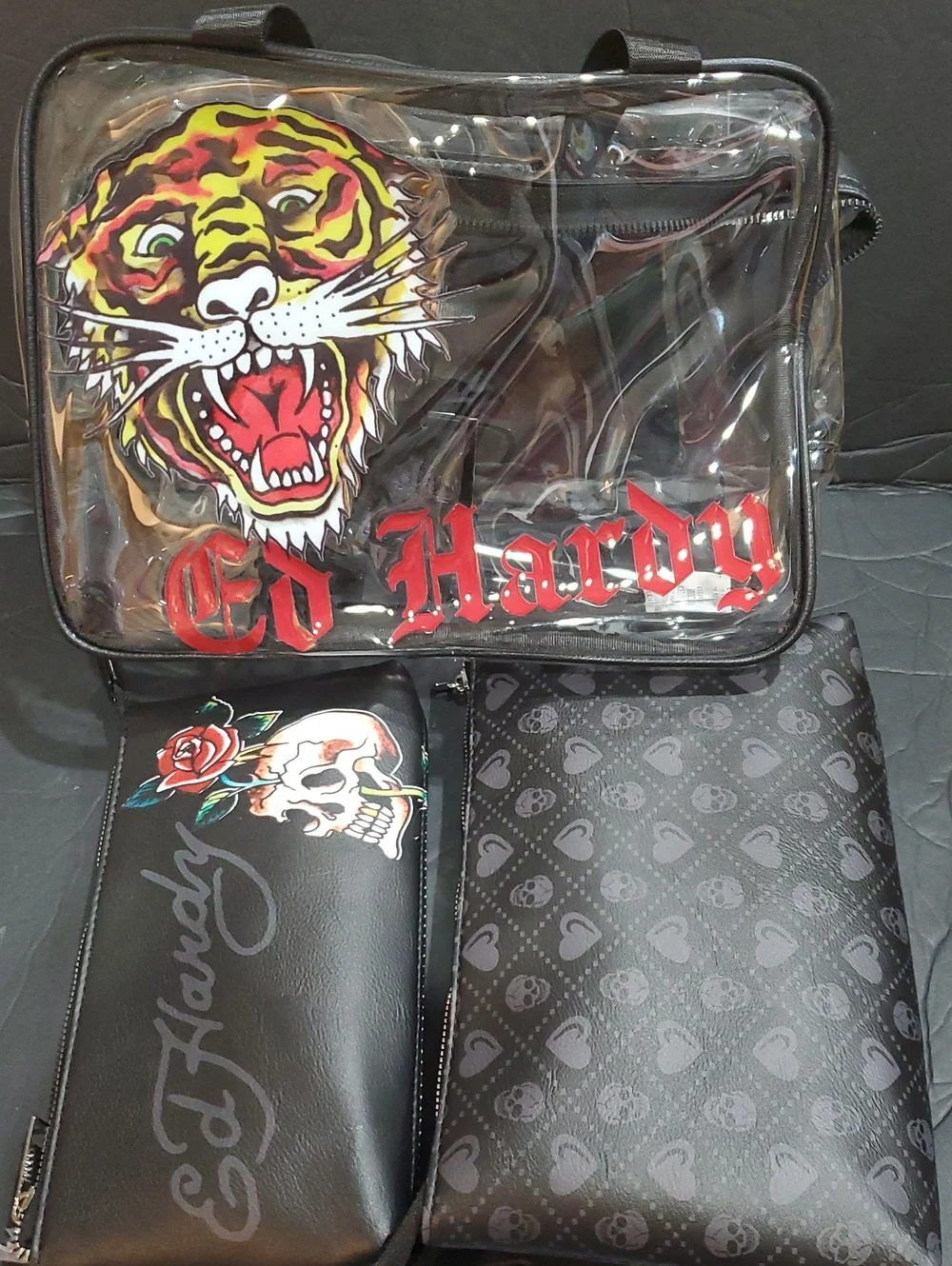 Ed Hardy 3piece clear vinyl makeup bag & 2 black cosmetics beauty pouch case